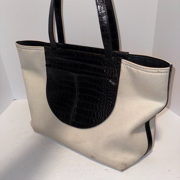 TOD´S Tasca Canvas & Croc Embossed Leather Tote Black & White Made in Italy - Picture 4 of 16